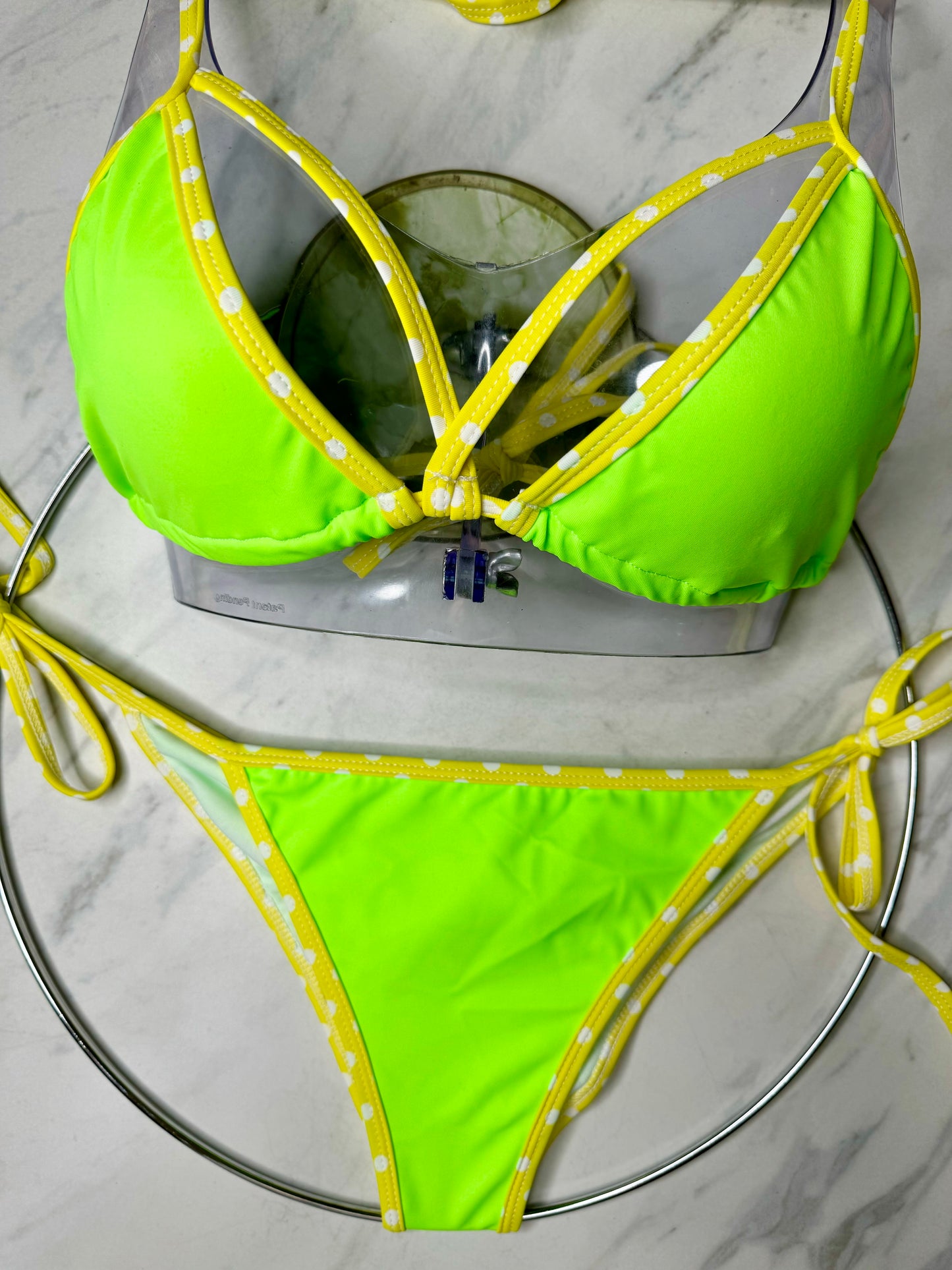 Neon Green & Yellow Polka Dot Trim side tie bottom