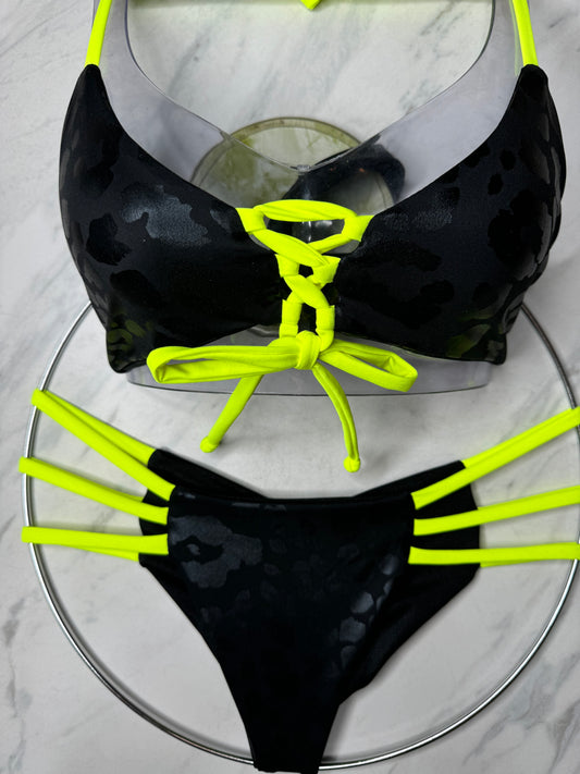 Black Leopard Reversible Bottom with Neon Yellow Strings