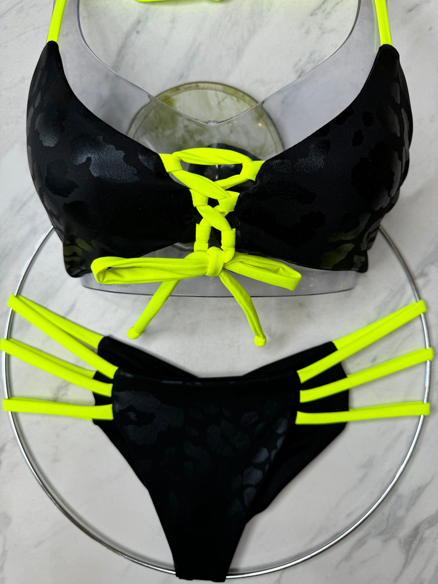 Black Leopard Reversible Top with Neon Yellow Strings